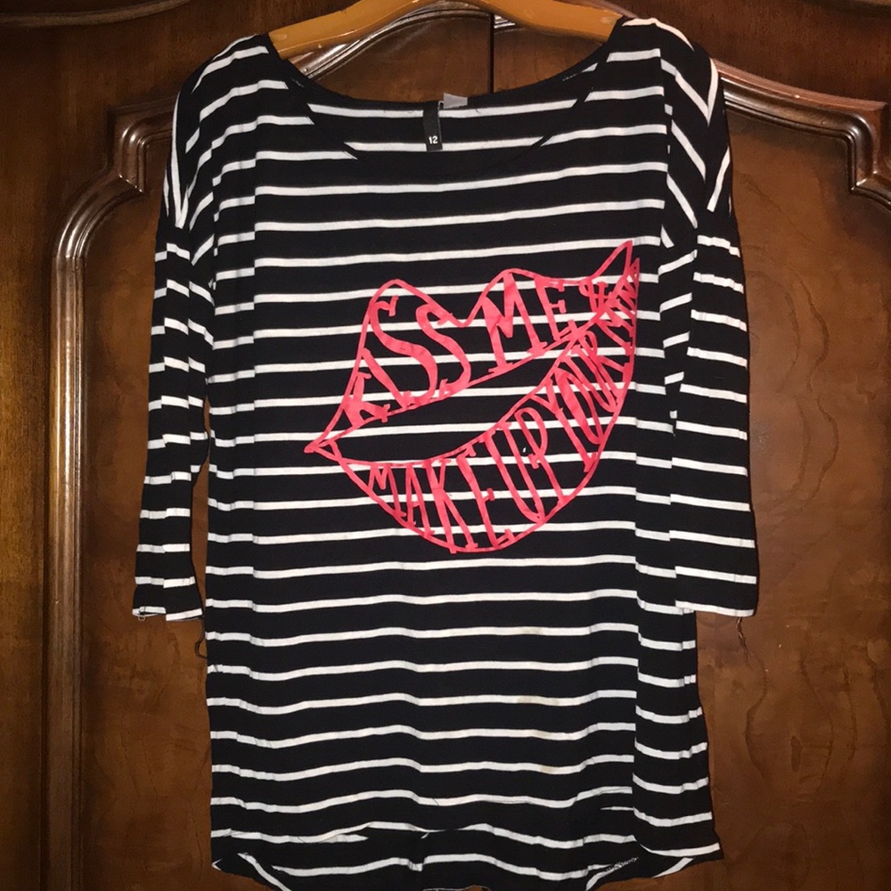 H&M striped shirt with red printed lips size 12